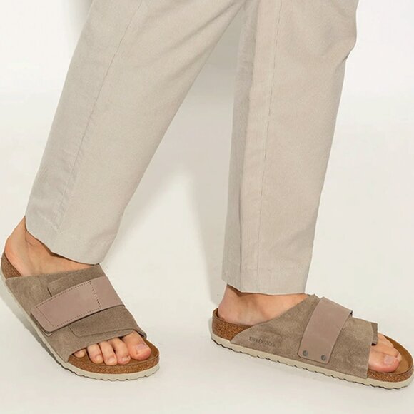 Birkenstock Kyoto Slide Sandals Nubuck Suede Leather Taupe Size 38 US 7 NEW - Picture 1 of 7